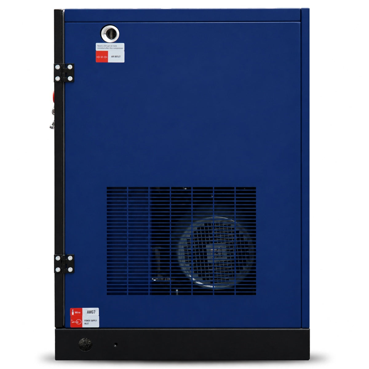 Blue industrial machine with a fan grille on a white background