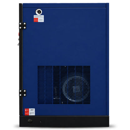Blue industrial machine with a fan grille on a white background