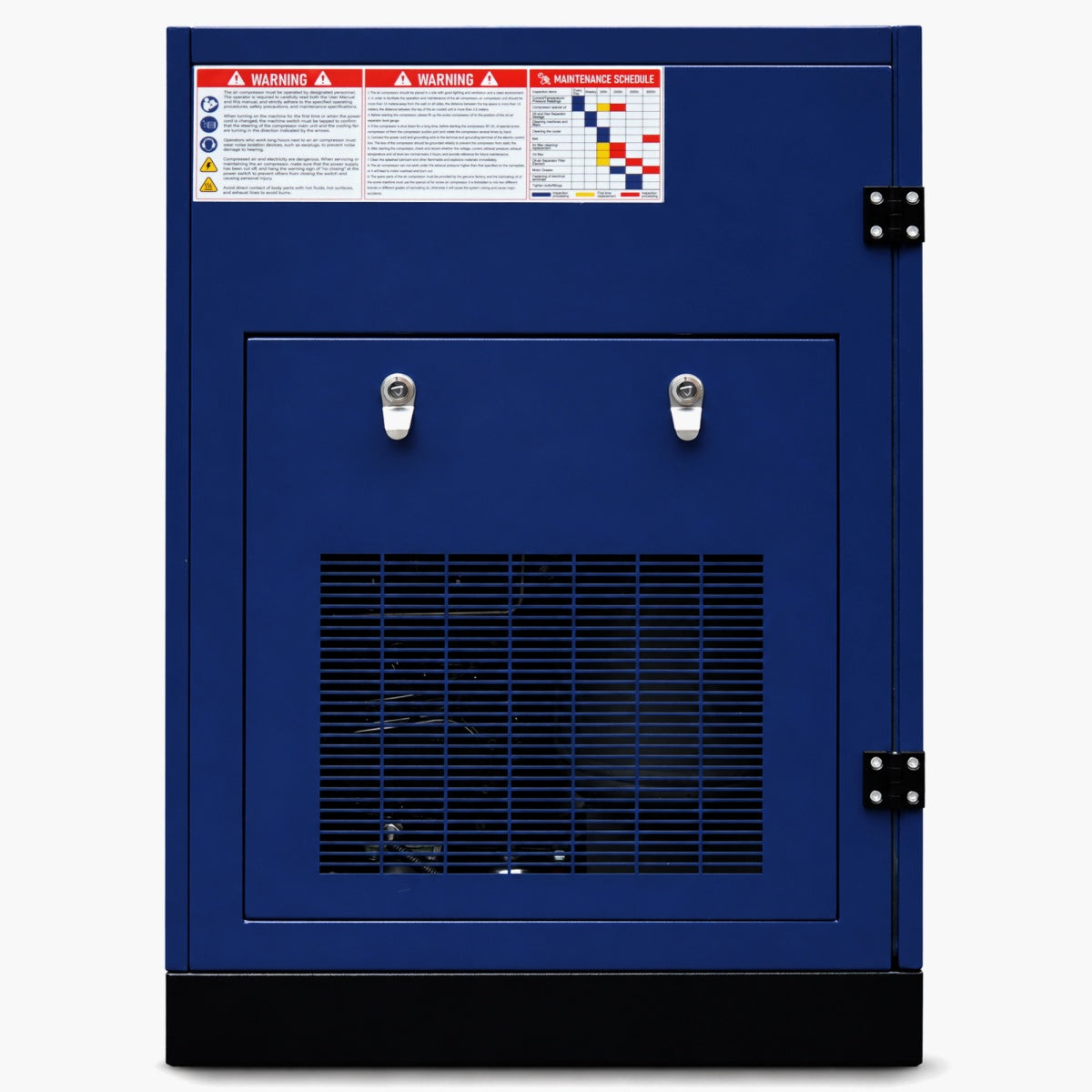 Blue storage cabinet with warning labels on a white background