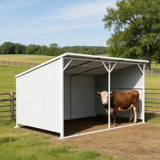 Cow standing inside a white metal shelter in a grassy field with trees in the background