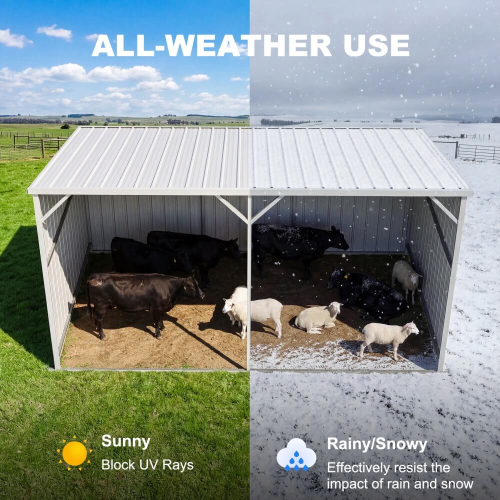 a metal shelter with animals in sunny and rainy/snowy conditions, labeled 'All-Weather Use'.