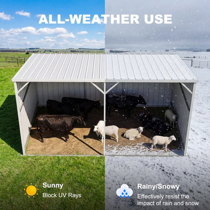 a metal shelter with animals in sunny and rainy/snowy conditions, labeled 'All-Weather Use'.