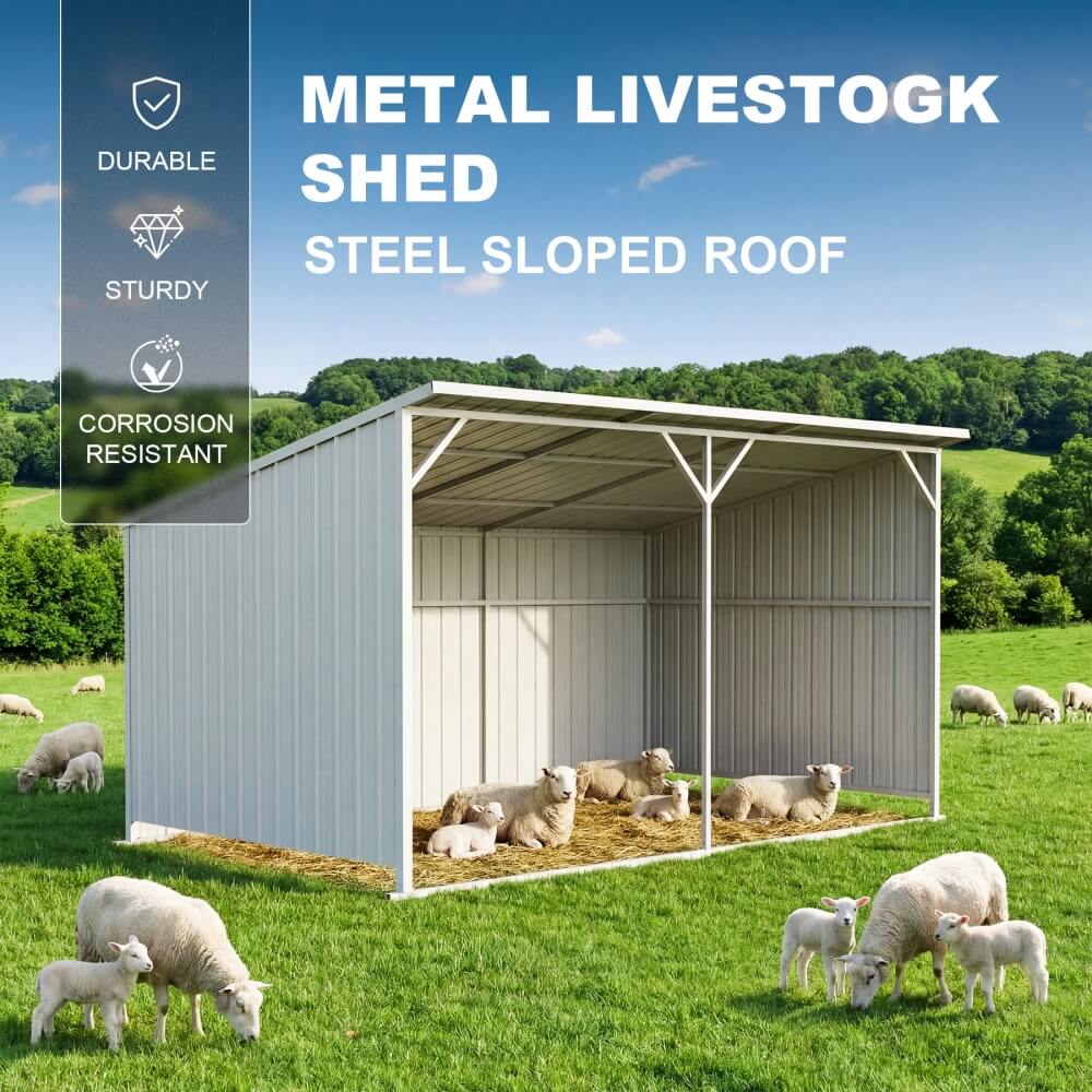 Metal livestock shed with sheep in a grassy field, featuring durability and corrosion resistance attributes.