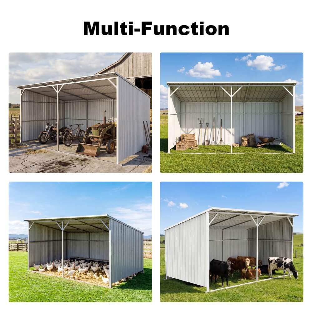 Multi-functional outdoor shelter used for various purposes including storage, livestock, and animals.