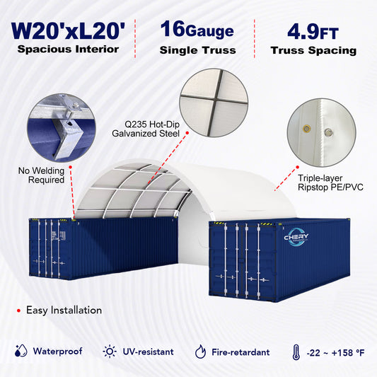 Container with specifications and features on a white background
