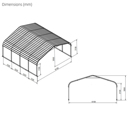 Technical drawing of a metal carport with dimensions labeled