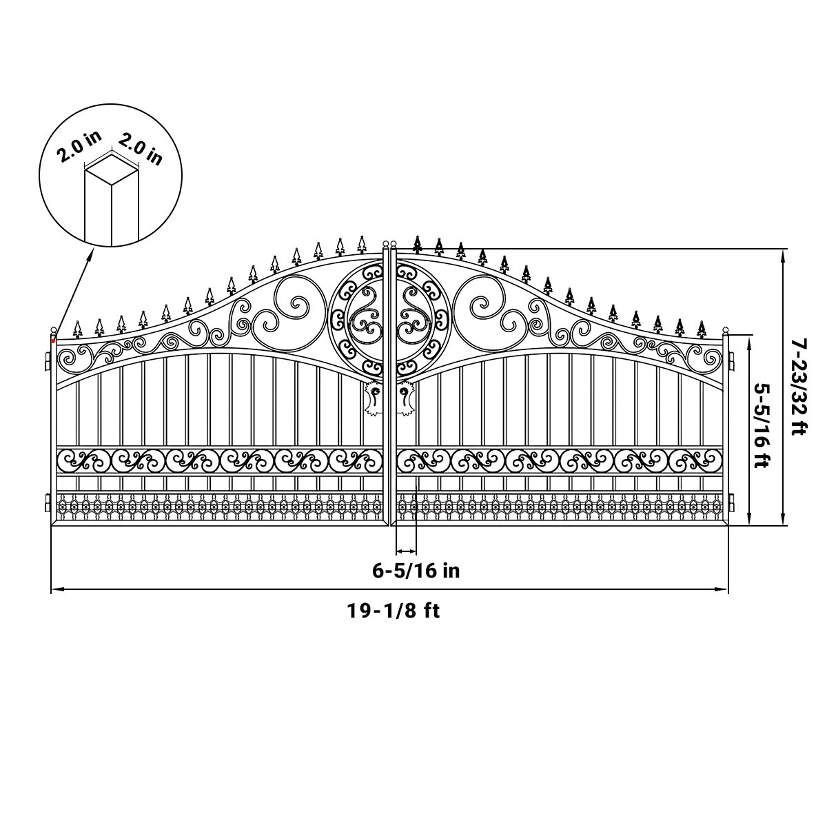 Black and white line drawing of an ornate double gate with dimension annotations