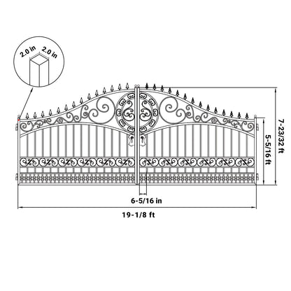 Black and white line drawing of an ornate double gate with dimension annotations