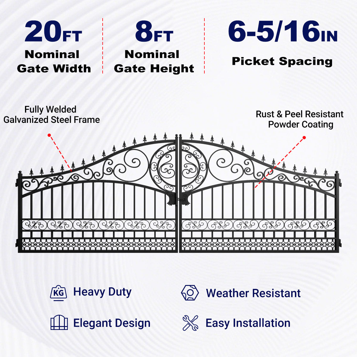 Black wrought iron gate with decorative scrollwork and vertical bars