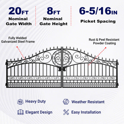 Black wrought iron gate with decorative scrollwork and vertical bars