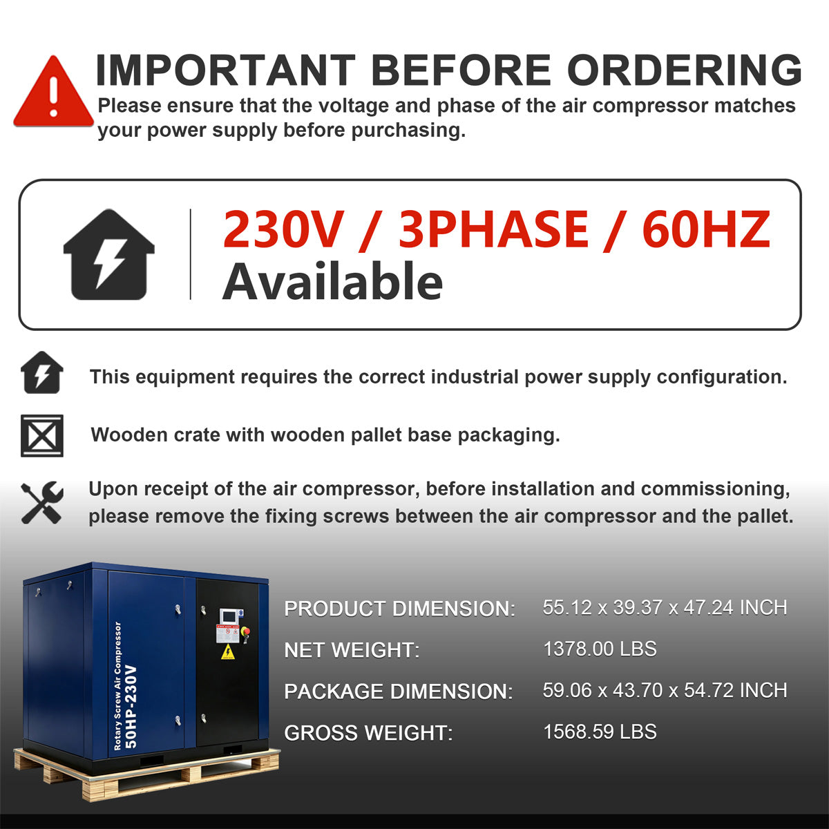 A product information graphic for an industrial air compressor.