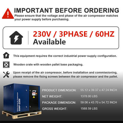 A product information graphic for an industrial air compressor. 