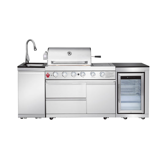 85.2" 4+1 Burner 71500 BTU Silver Outdoor Kitchen Island Grill + Sink + Refrigerator