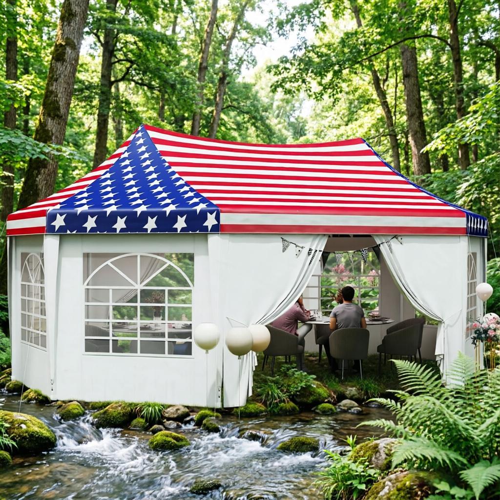 White gazebo with American flag design roof by a stream in a forest