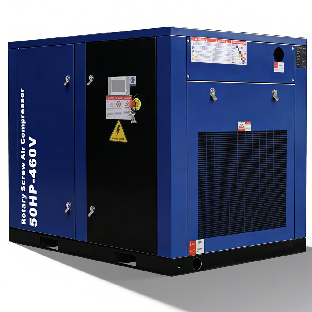 Blue rotary screw air compressor with visible branding and specifications on a white background