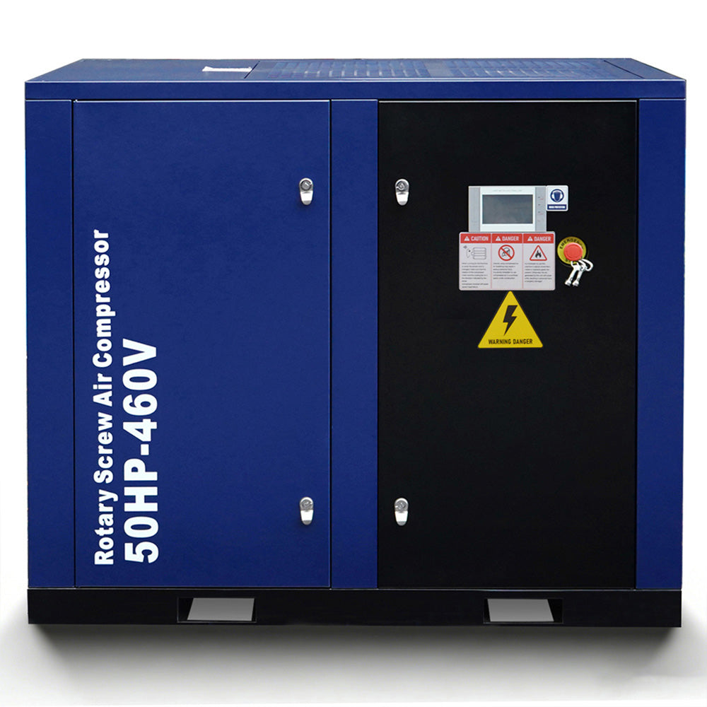 Blue rotary screw air compressor with warning labels on a white background