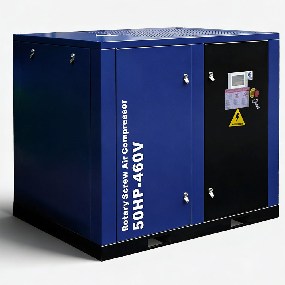 Blue rotary screw air compressor with text on a white background