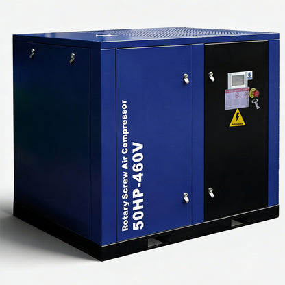 Blue rotary screw air compressor with text on a white background