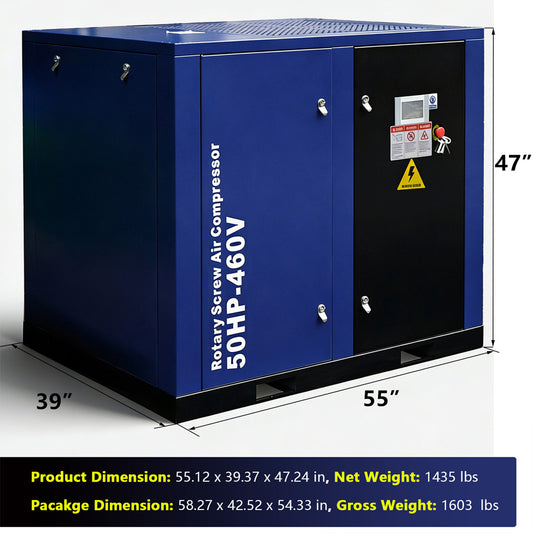Blue rotary screw air compressor with dimensions and weight details on a white background
