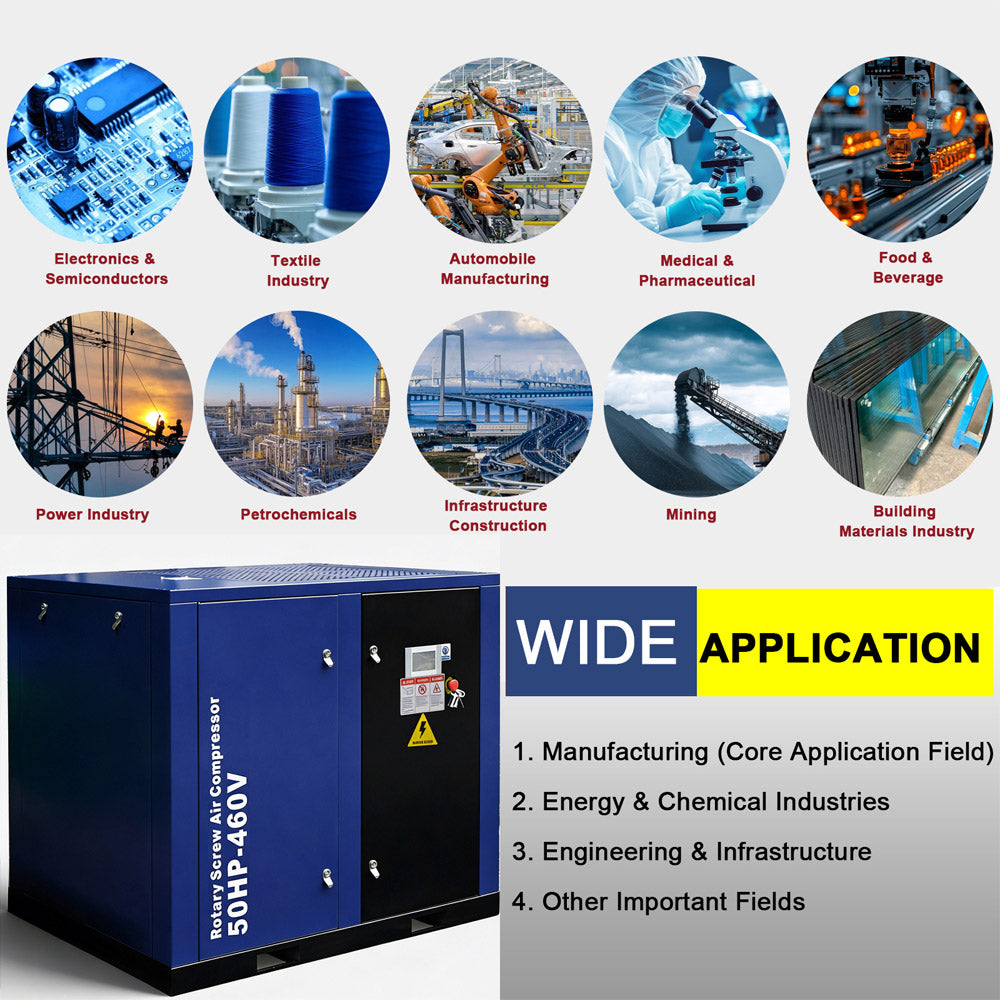 Blue compressor with applications across various industries on a gray background