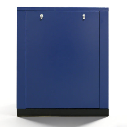 Blue storage cabinet with black base on a white background