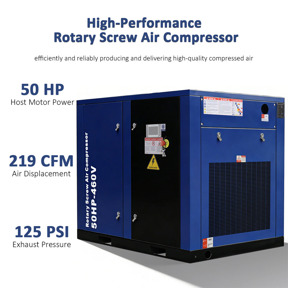 Blue high-performance rotary screw air compressor with specifications on a white background