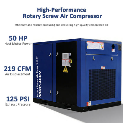 Blue high-performance rotary screw air compressor with specifications on a white background