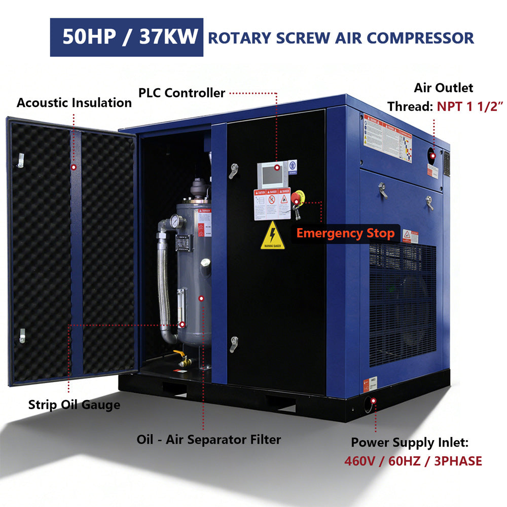 50HP/37KW rotary screw air compressor with labeled components on a white background