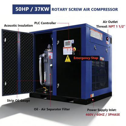 50HP/37KW rotary screw air compressor with labeled components on a white background