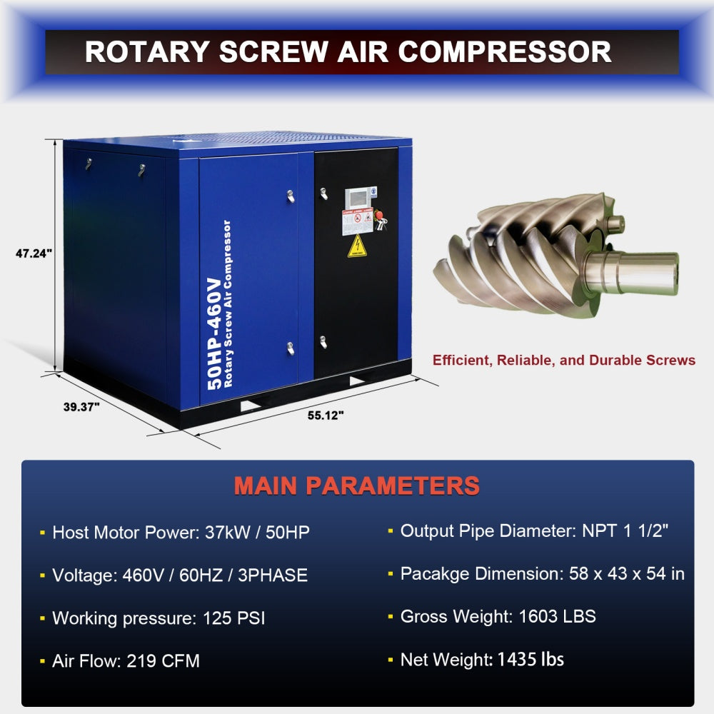 219CFM 50HP Rotary Screw Air Compressor – 125 PSI, 460V 3-Phase