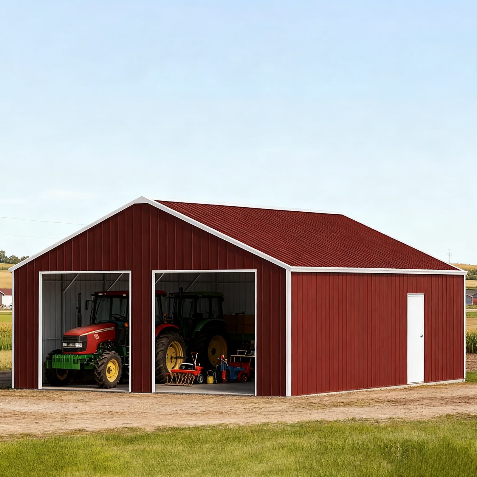 Red metal barn with open doors showing tractors and equipment on a clear day.