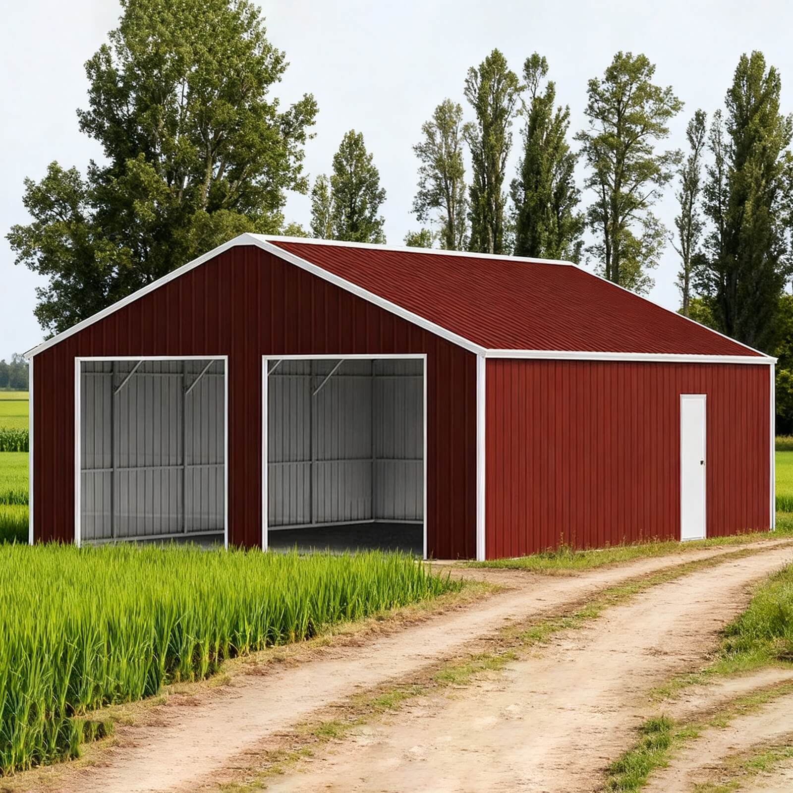 Red metal barn with open sides on a rural landscape with trees and fields.