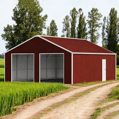 Red metal barn with open sides on a rural landscape with trees and fields.#color_Reddish Brown