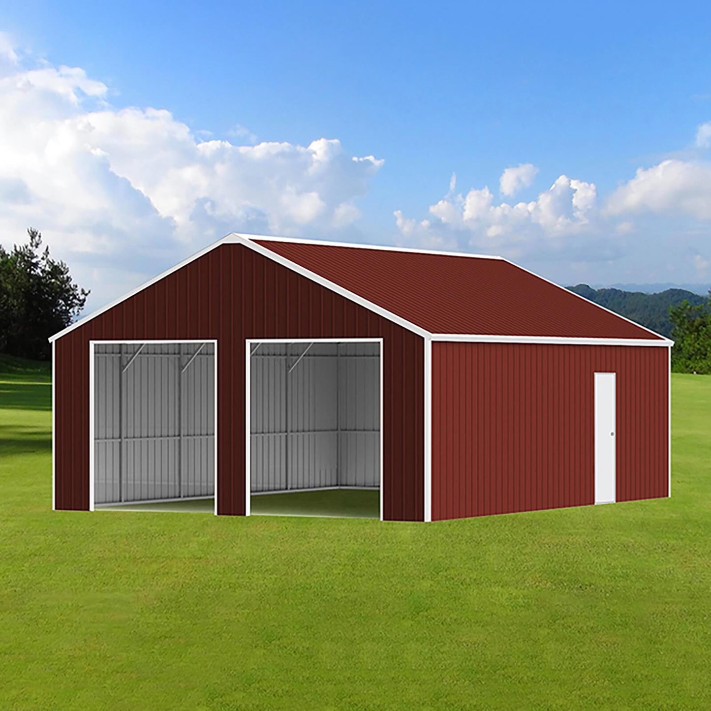 Red metal garage with white trim on a grassy field under a blue sky.#color_Reddish Brown