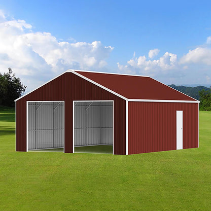 Red metal garage with white trim on a grassy field under a blue sky.#color_Reddish Brown