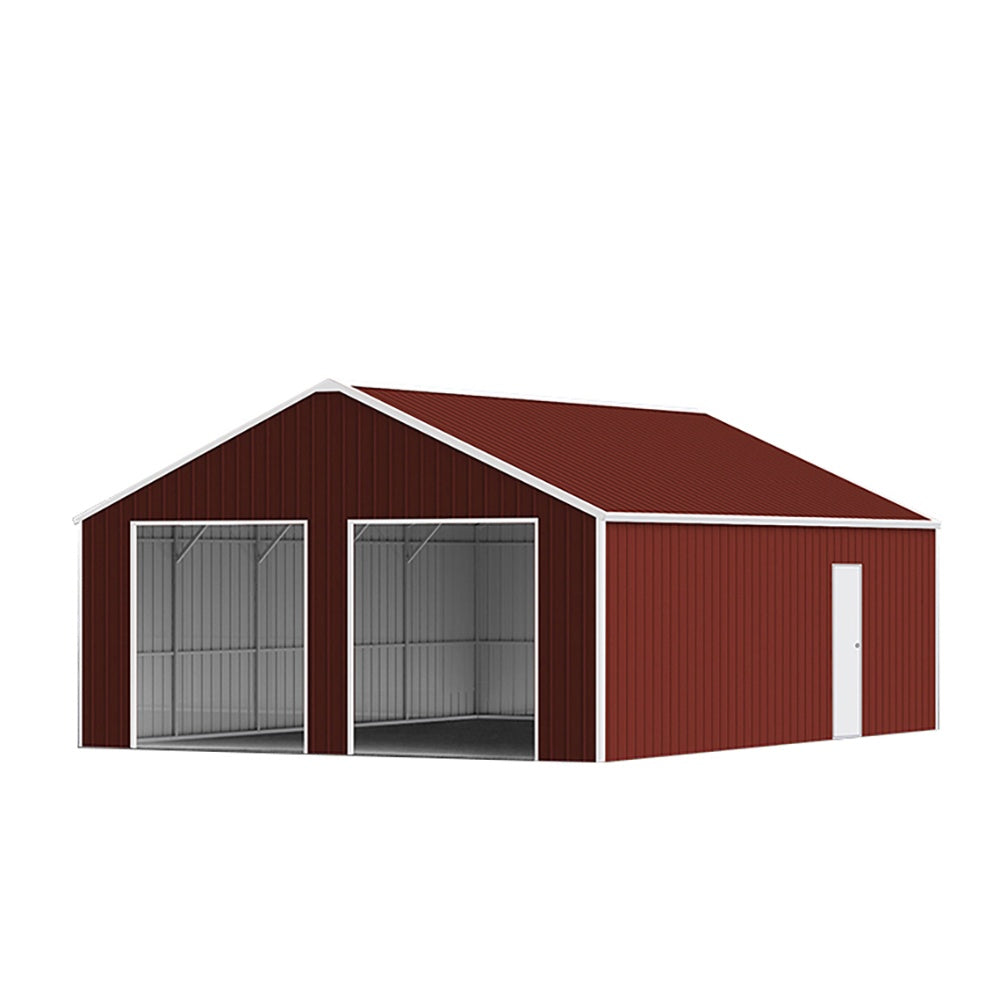 Red metal garage with white trim on a white background