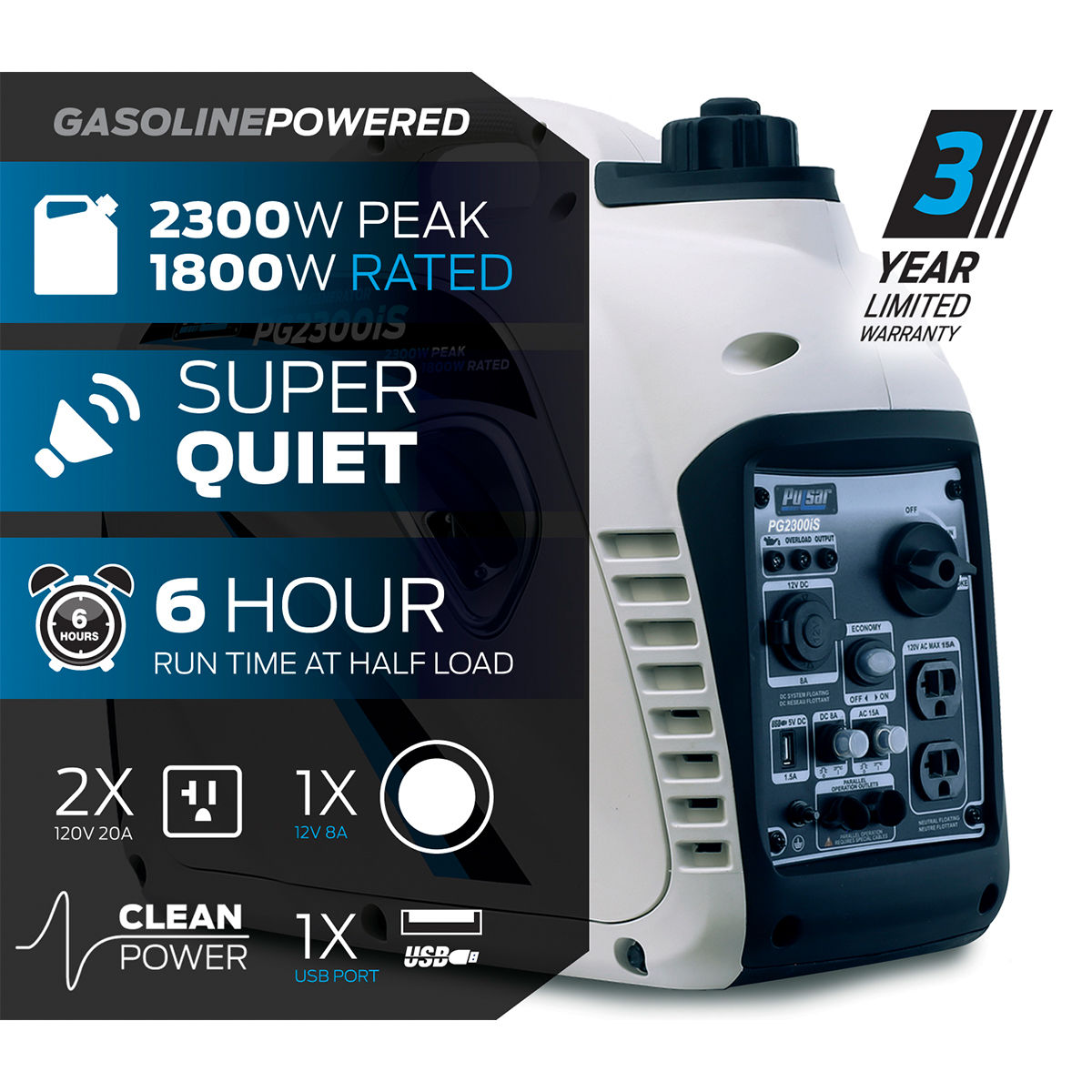 2,300W Portable Gasoline Inverter Generator, 1,800W Rated, CARB