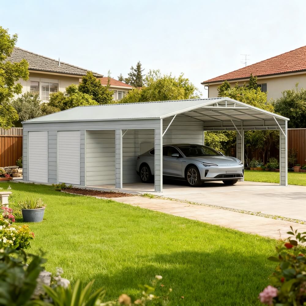 Carport with a car parked inside, surrounded by a garden and houses.#color_White