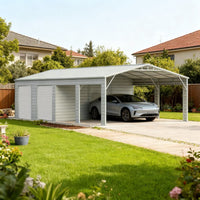 Carport with a car parked inside, surrounded by a garden and houses.#color_White