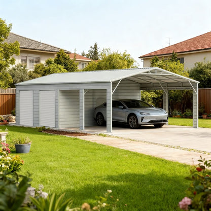 Carport with a car parked inside, surrounded by a garden and houses.#color_White