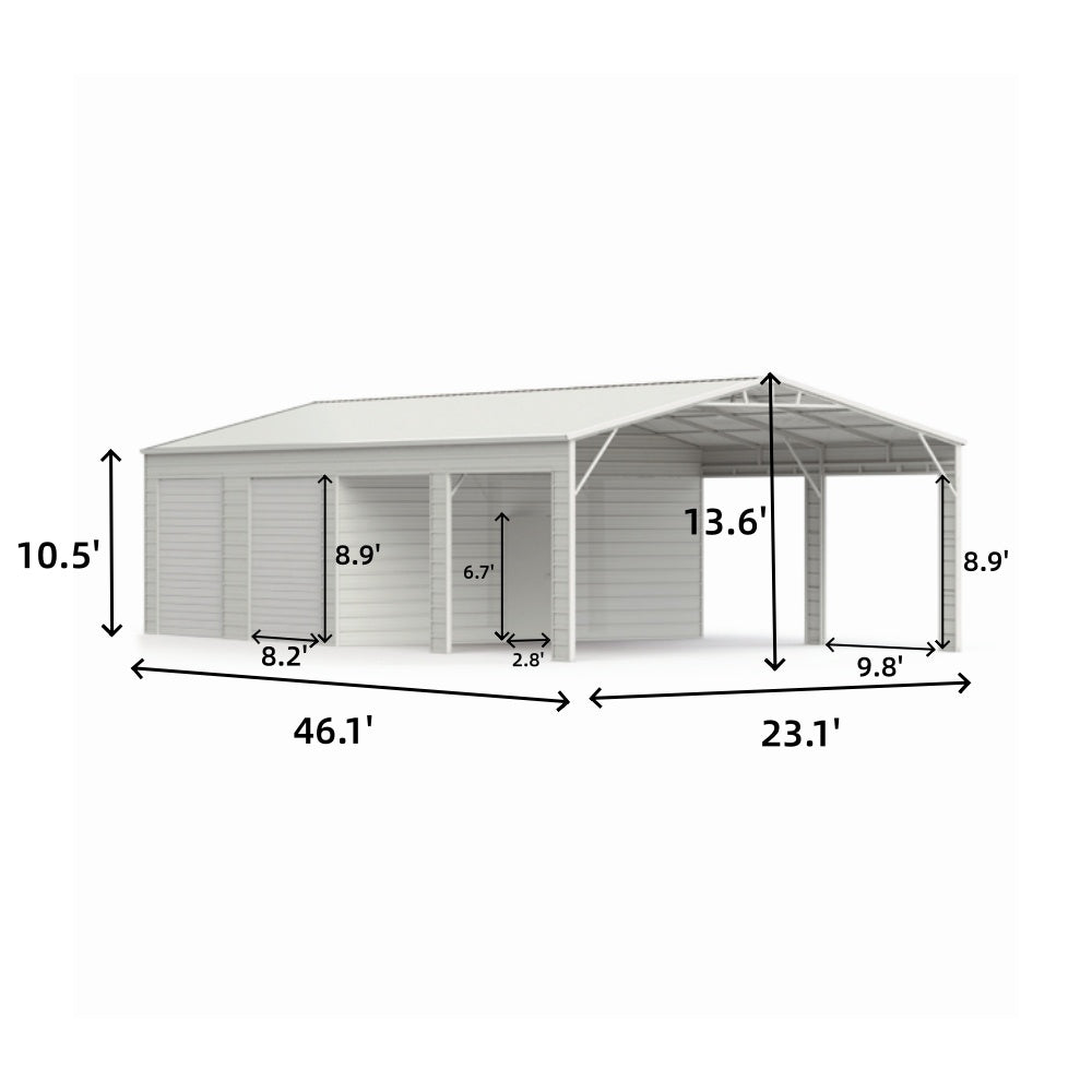Measurement chart of a metal carport with dimensions labeled.