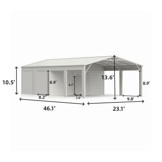 Measurement chart of a metal carport with dimensions labeled.#color_White