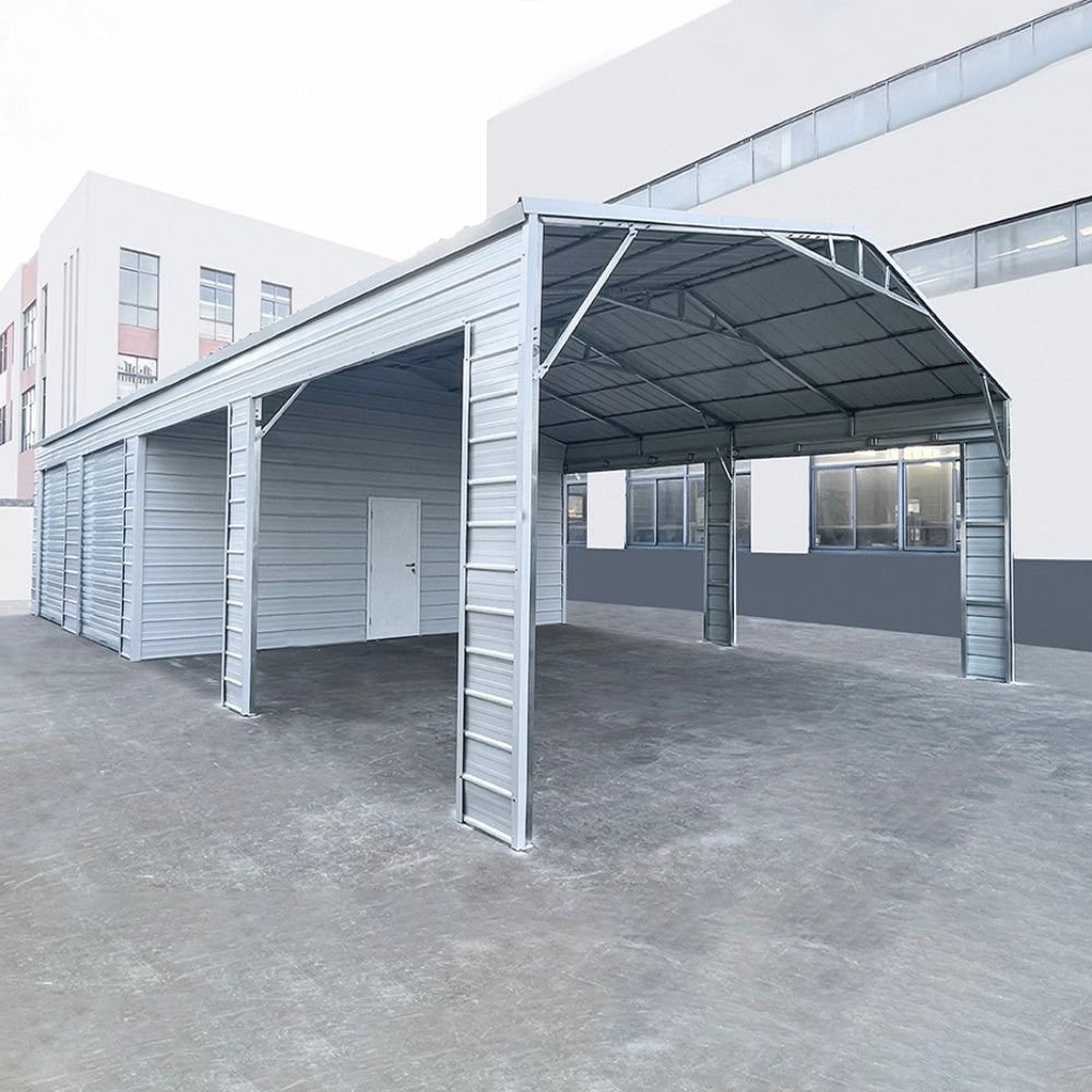 Metal carport structure in front of a building#color_White