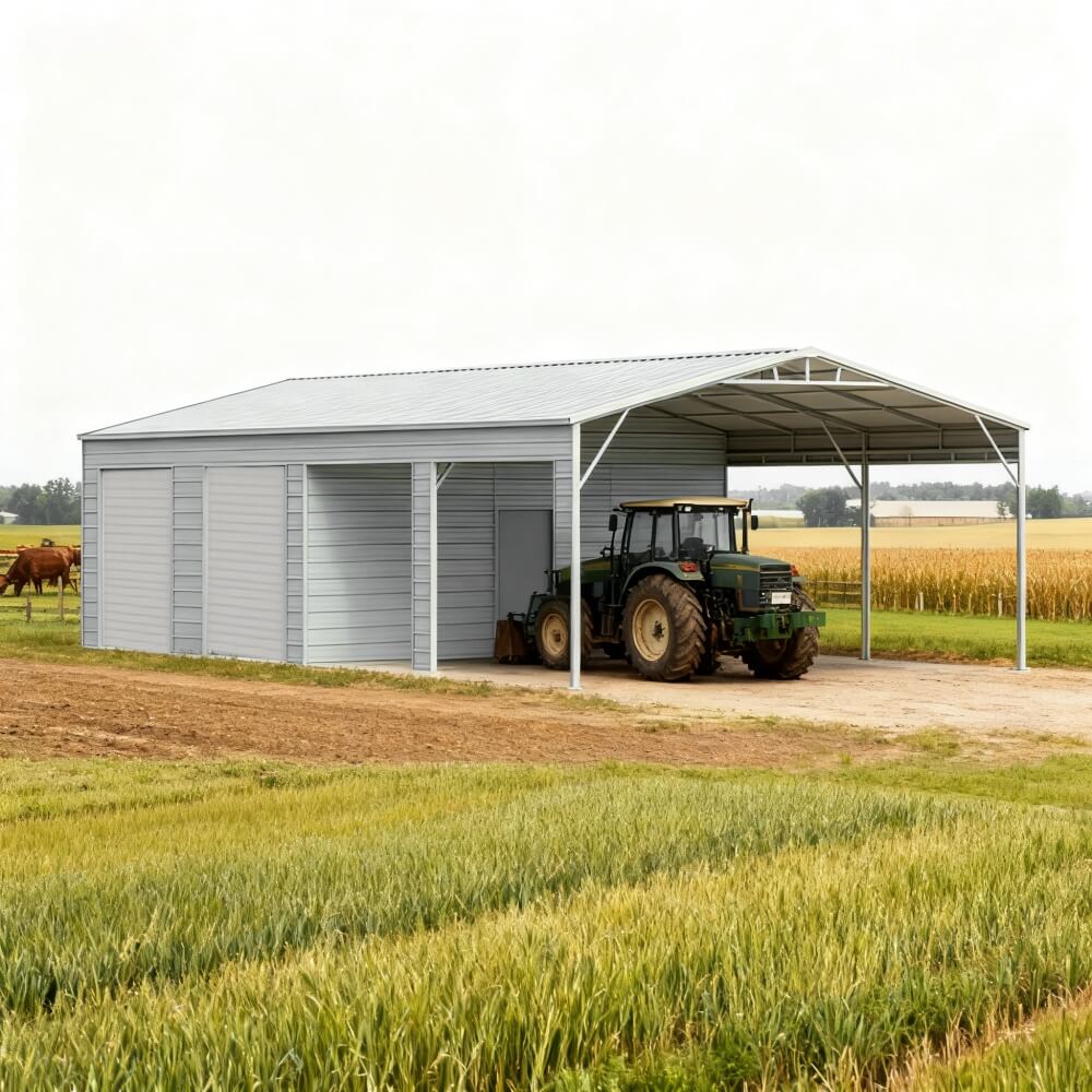 Metal storage building with a tractor parked under it in a rural setting.
