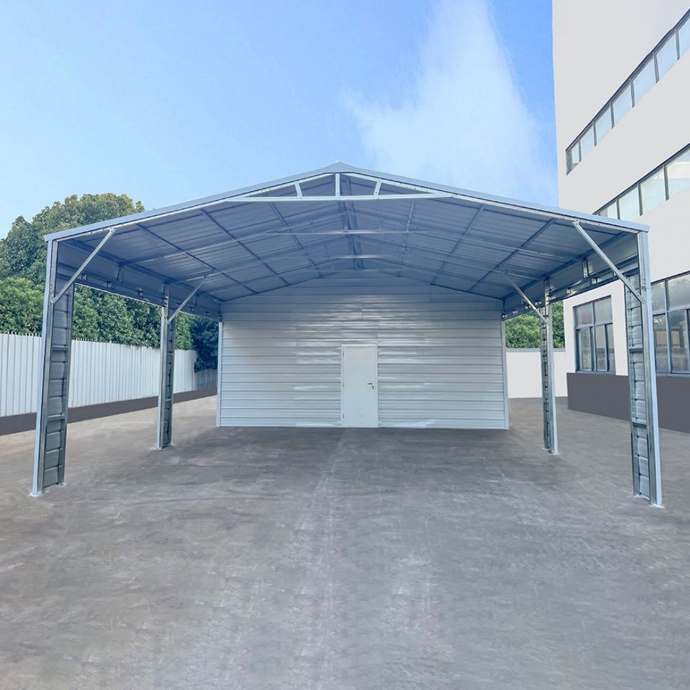 Metal carport with a white door on a concrete surface, surrounded by trees and buildings.