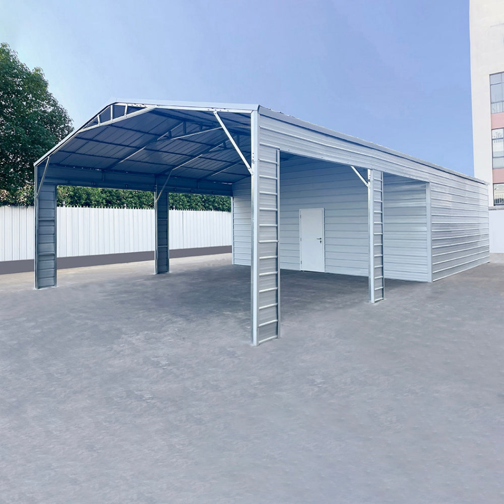 Metal carport structure with a clear sky background#color_White