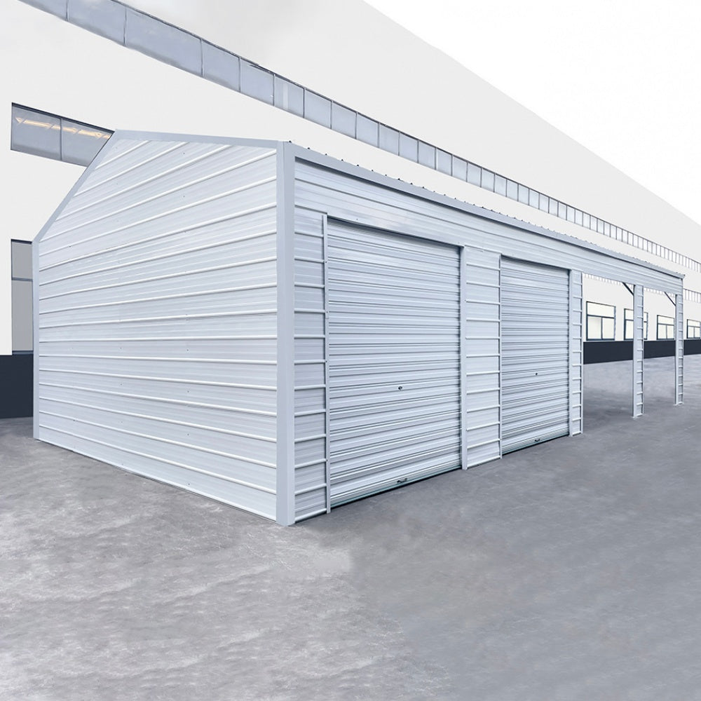 Modern storage unit with roller shutters in a concrete area