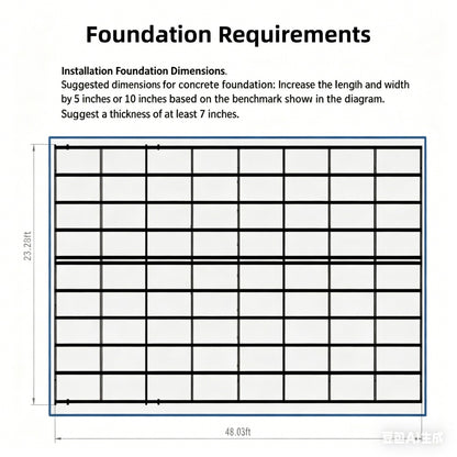 Foundation requirements diagram with dimensions and text on a white background