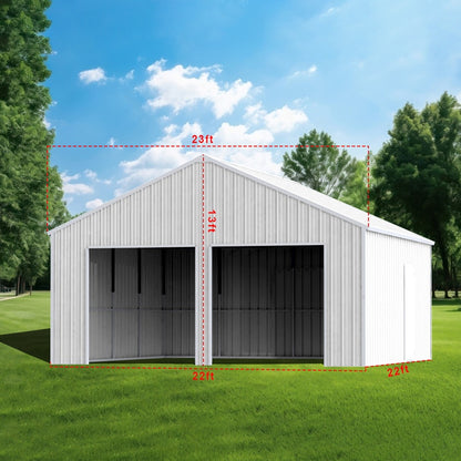 White metal garage with dimensions marked on a grassy area with trees in the background#color_White