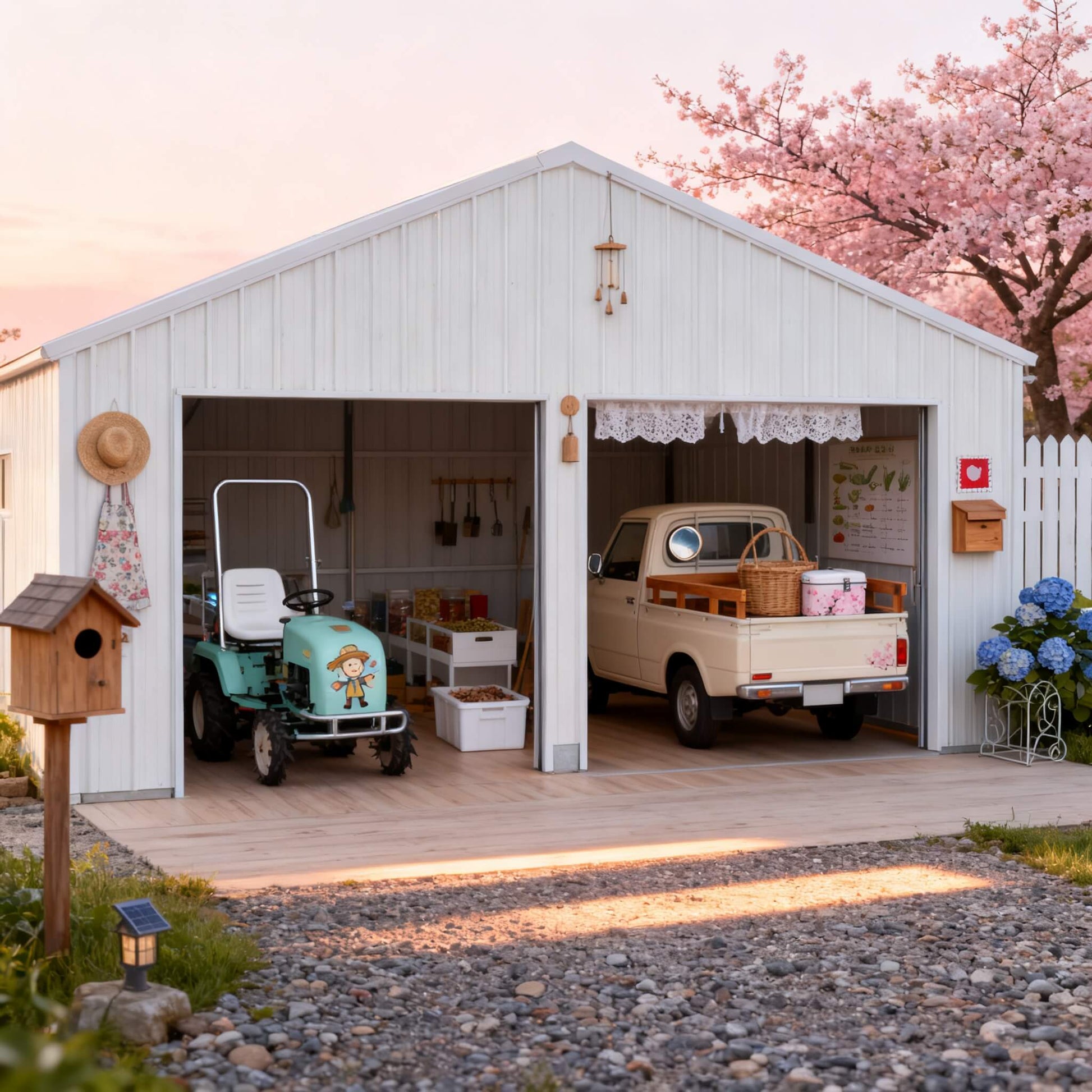 White garage with a truck inside, cherry blossom tree in the background